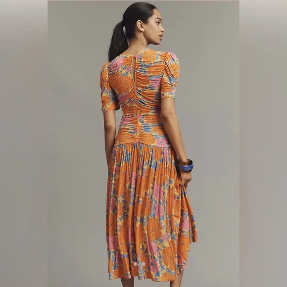 FARM Rio X Anthropologie short sleeve v neck ruched midi dress - Picture 6 of 14